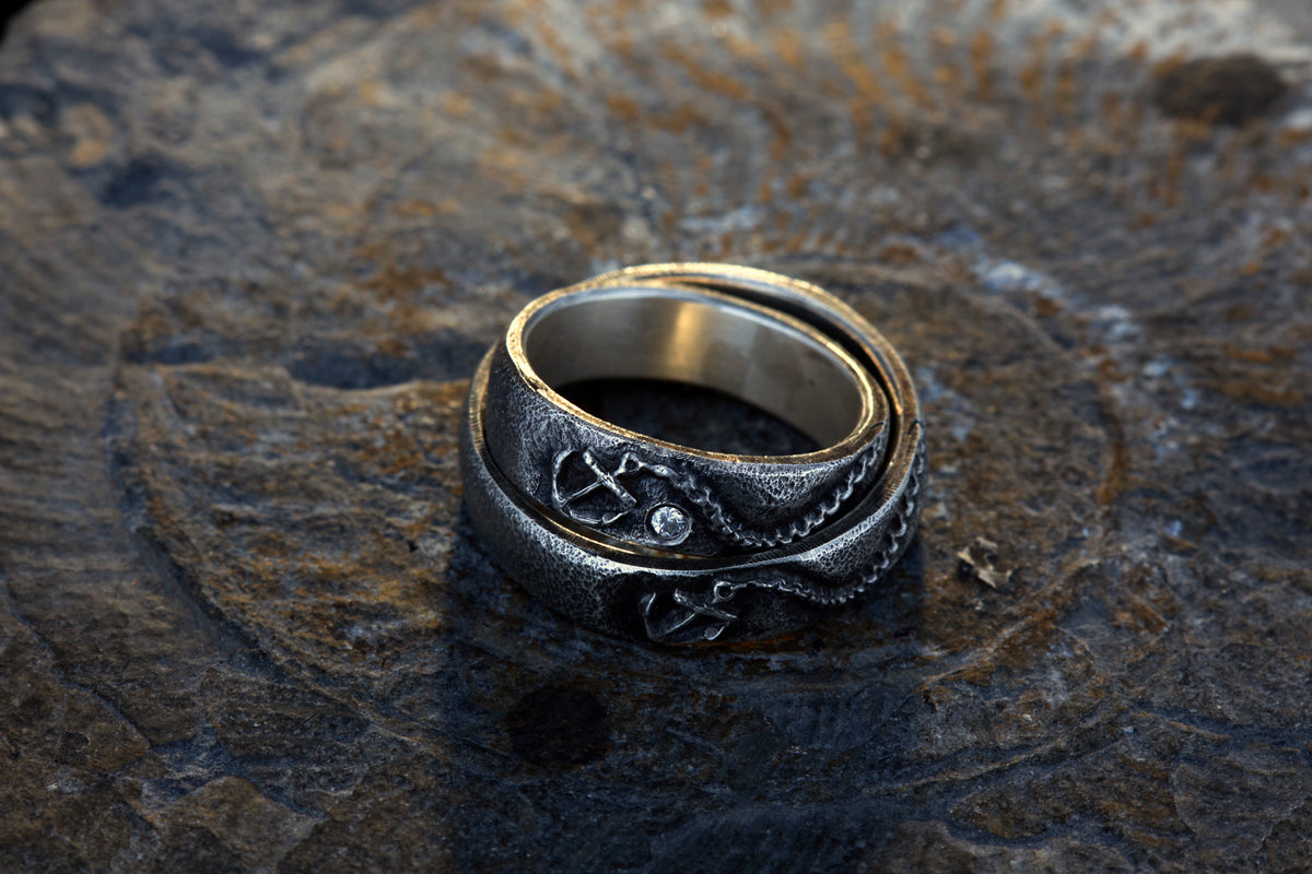 Trauringe 925 Silber Anker Graviert | Kette Diamant | Handgefertigt | Nautische Hochzeitsringe