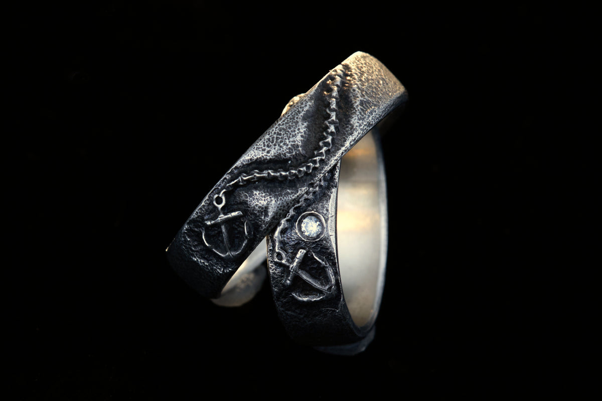Trauringe 925 Silber Anker Graviert | Kette Diamant | Handgefertigt | Nautische Hochzeitsringe