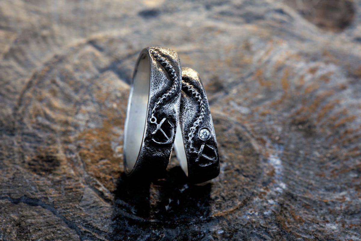 Trauringe 925 Silber Anker Graviert | Kette Diamant | Handgefertigt | Nautische Hochzeitsringe