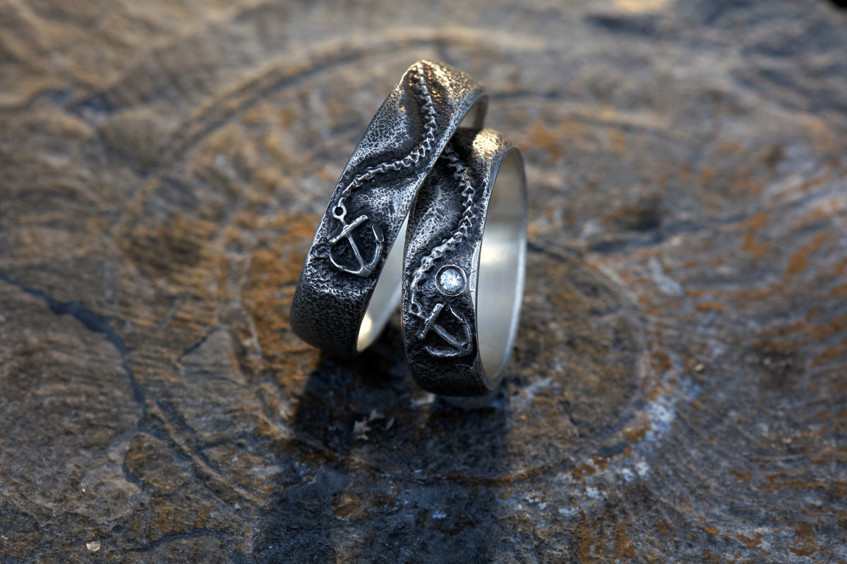 Trauringe 925 Silber Anker Graviert | Kette Diamant | Handgefertigt | Nautische Hochzeitsringe