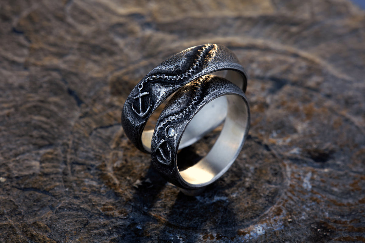 Trauringe 925 Silber Anker Graviert | Kette Diamant | Handgefertigt | Nautische Hochzeitsringe