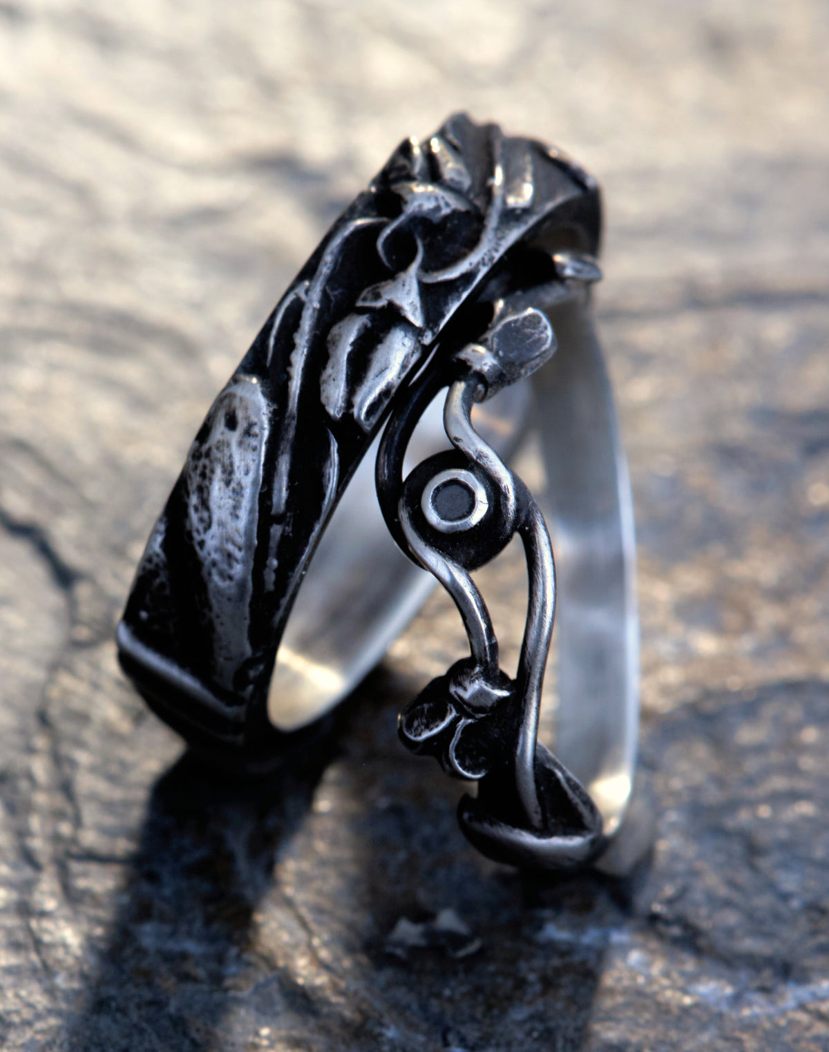 Trauringe 925 Silber Schneeglöckchen Art Deco | Schwarzer Diamant | Gothic Filigran | Handgefertigt